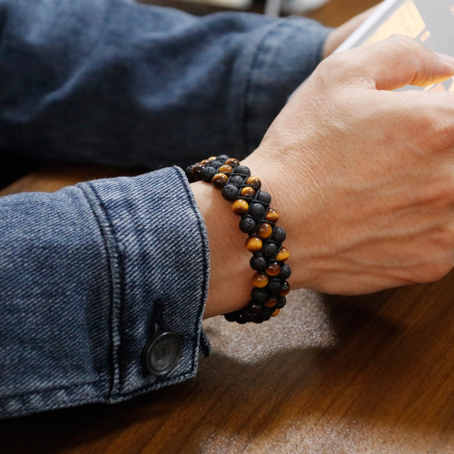 Tiger Eye and Black Lava Rock Beads Bracelet Three-Row, 6mm