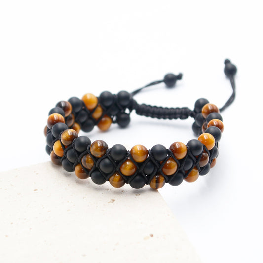 Tiger Eye and Black Onyx Beads Bracelet Three-Row, 6mm