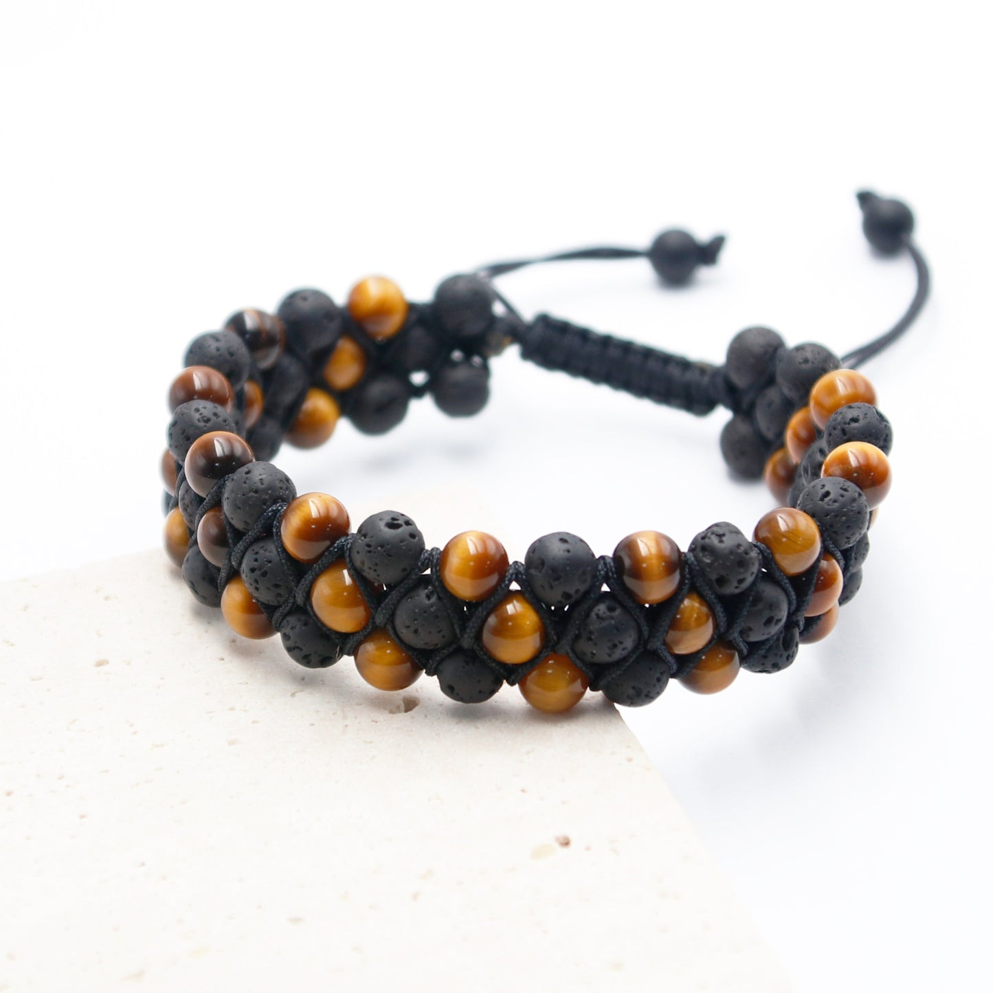 Tiger Eye and Black Lava Rock Beads Bracelet Three-Row, 6mm