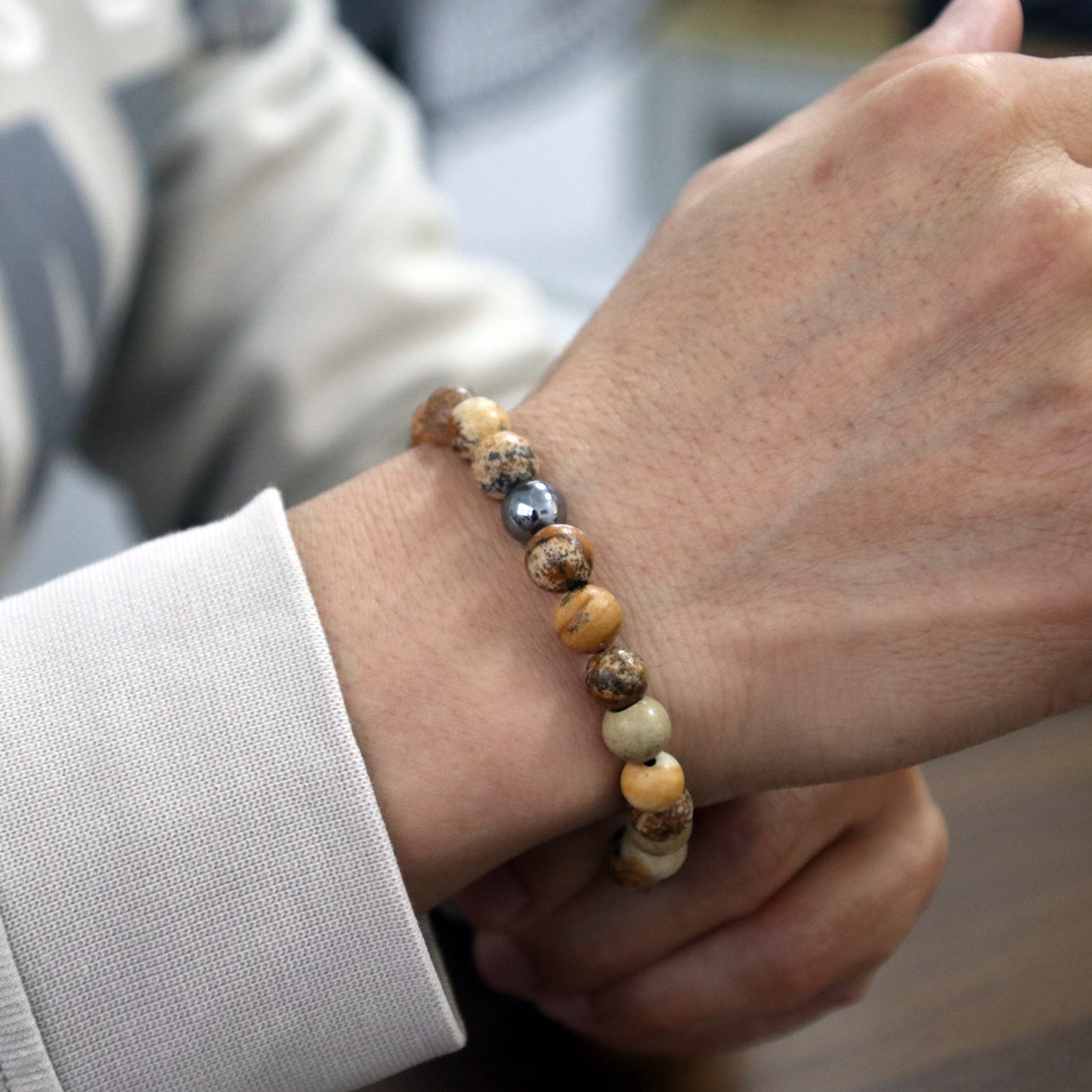 Picture Jasper and Hematite Crystal Bracelet, 8mm