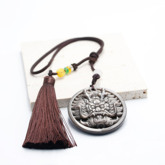 Obsidian Car Hanging Charm with Dragon Carving