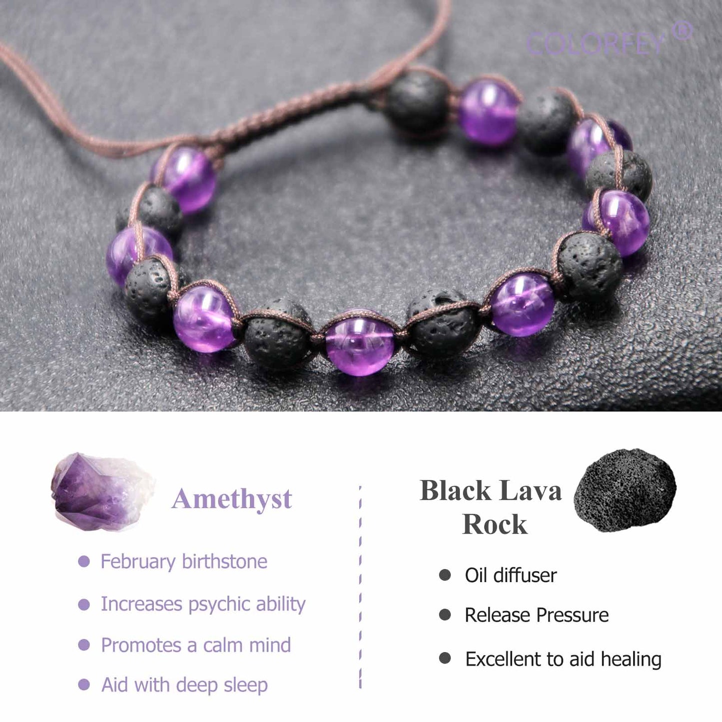 Amethyst Black Lava Rock Beads Bracelet, 8mm