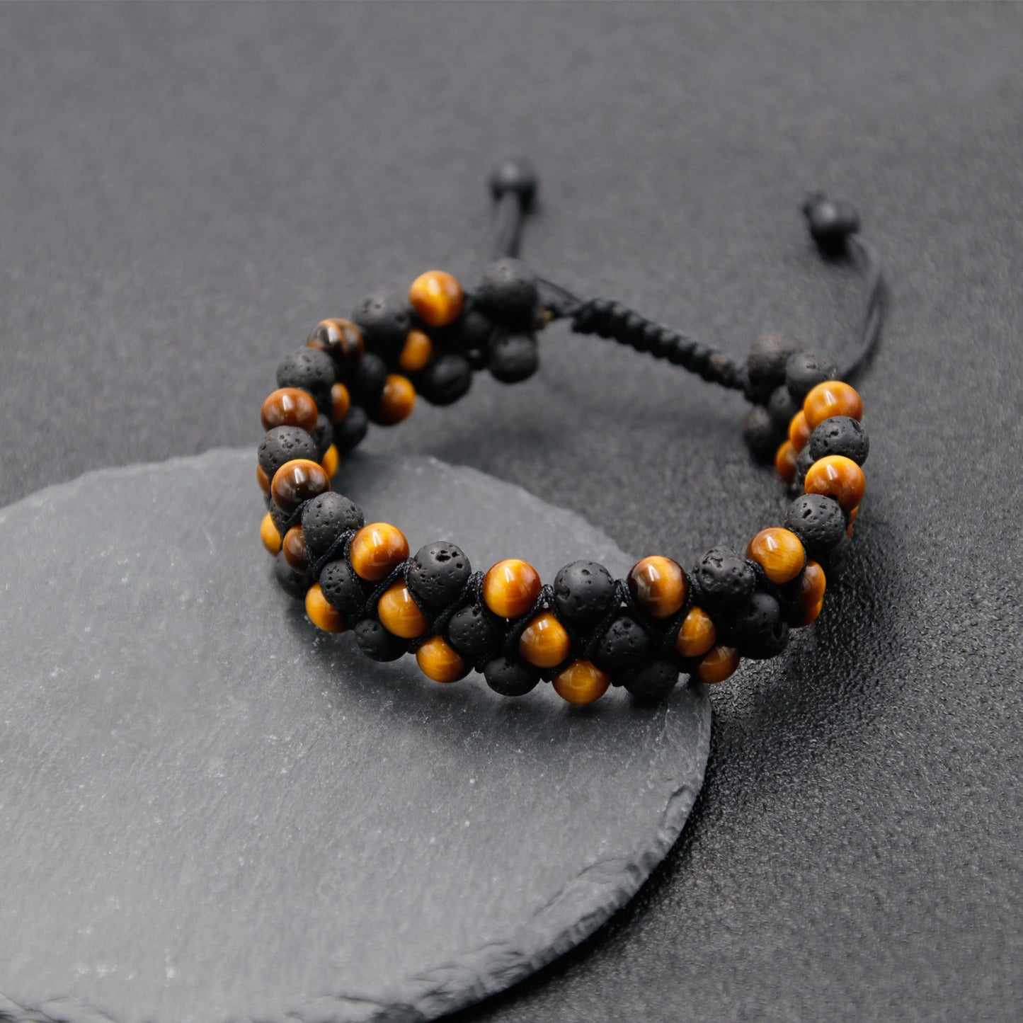 Tiger Eye and Black Lava Rock Beads Bracelet Three-Row, 6mm